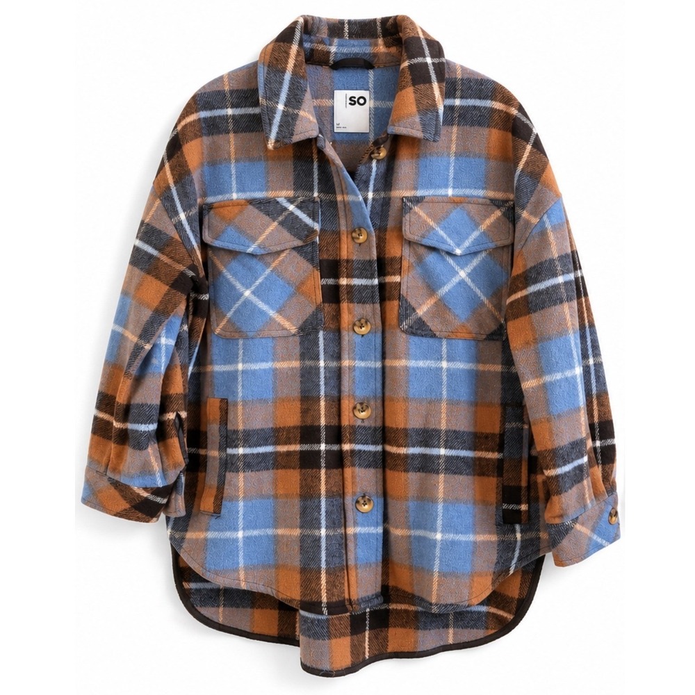 SO Plaid Flannel Shacket Women Medium Blue Brown Heavy Wool Blend Button Up